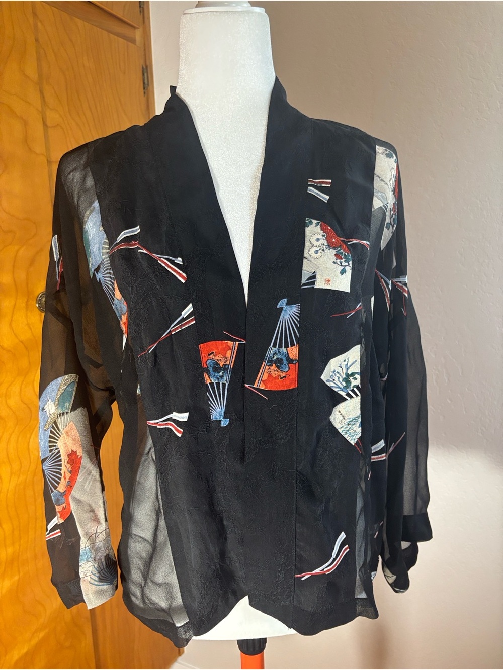 Citron Black Sheer Kimono Jacket with Multicolor Fan Print